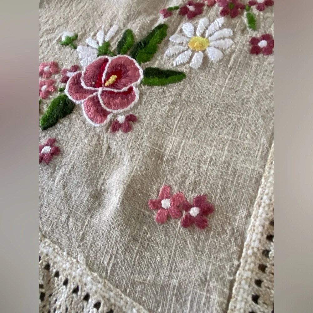 Embroidered Floral Cream Tablecloth with Lace Trim 30”/30” approx.
